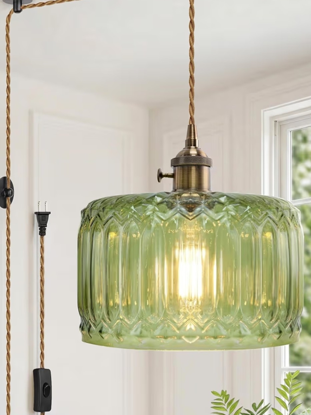 Vintage Green Glass Pendant Light Plug In New